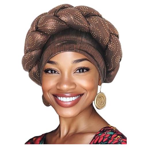 Woeoe turbante africano, copricapo a treccia blu navy con cristalli a testa intrecciata, turbanti per donne e ragazze, marrone