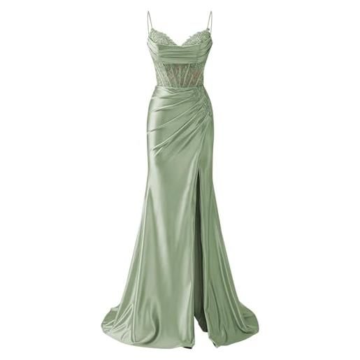 Mifeiwukawa abito da donna con spalline sottili in raso e pizzo appliques abiti da ballo per le donne con spacco scollo a v sirena lungo abito da sera formale, verde salvia, 50