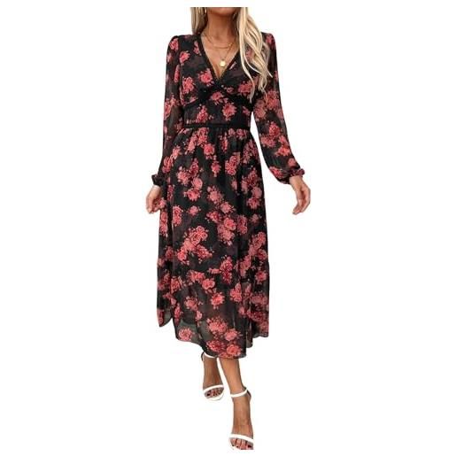 ChooTeeYeen maxi abito da donna con scollo a v, a maniche lunghe, per matrimoni, feste, casual, in chiffon, rosa nera. , s
