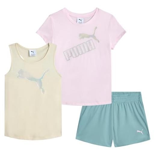 PUMA set di pantaloncini sportivi da ragazza, 3 pezzi, con maglietta, canotta, pantaloncini da palestra, abbigliamento sportivo estivo per ragazze (7-14), frusta di rosa, 12-14
