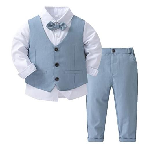 dPois completo da bambino elegante 4 pezzi gentleman suit neonato camicia a maniche lunghe + papillon + gilet + pantaloni smoking abiti da cerimonia battesimo matrimoni sposa azzurro 12-18 mesi