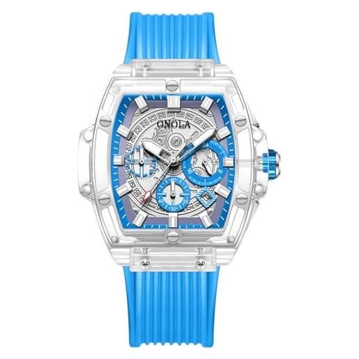 RORIOS Orologio Uomo Tonneau Sportivo – Quarzo, Cassa 52mm, Cinturino In Silicone, Luminescente, Calendario, Regalo Con Scatola Pelle