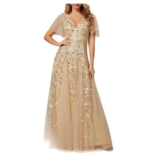 Ever-Pretty abiti da ballo linea ad a scollo a v per cerimonia sera damigella lungo con paillettes donna oro 36