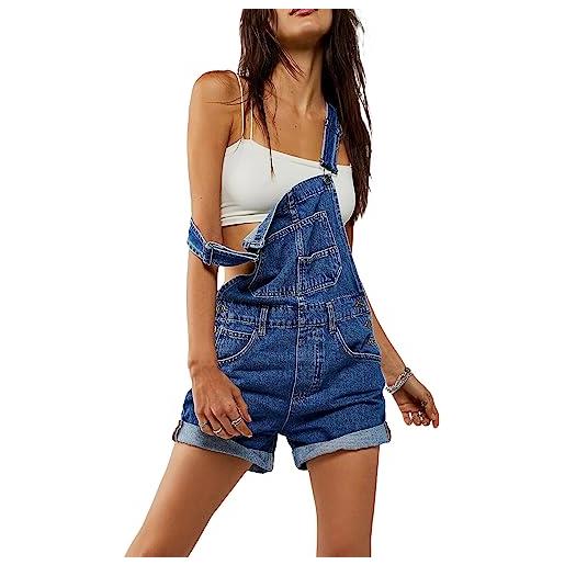 LYSINK salopette da donna in denim con bretelle regolabili tasca pagliaccetto pantaloncini casual gamba dritta arrotolato polsino pantaloncini pagliaccetto, ba blu, xl