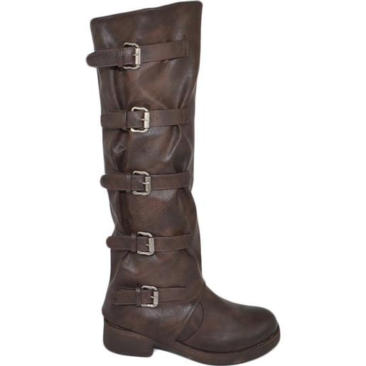 Malu Shoes stivali biker donna alto al ginocchio marrone cinque fibbie con zip fondo gomma comfort largo comodo moda