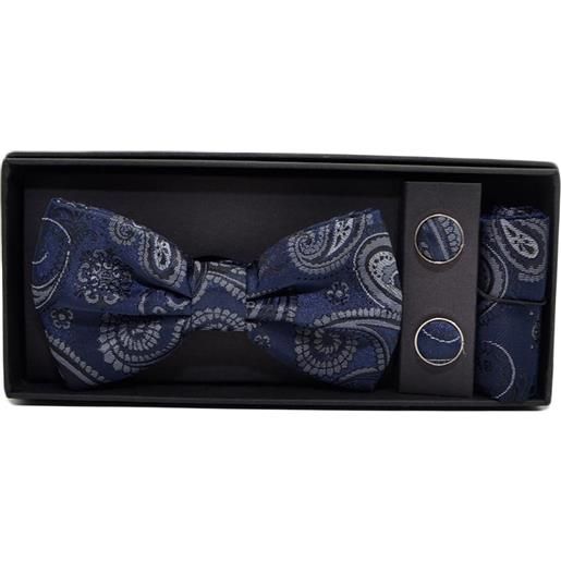 Malu Shoes set coordinato uomo papillon con gemelli e pochette blu fantasia elegante cerimonia