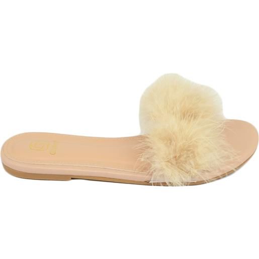 Malu Shoes pantofoline donna con pelliccia peluche pelo beige nude voluminosa colorata morbide raso terra moda glamour
