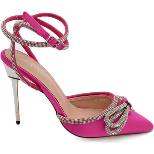 Malu Shoes decollete' donna gioiello elegante fiocco strass in raso fucsia con tacco a spillo 120 e cinturino scintillante moda