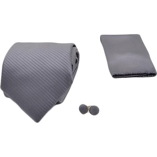 Malu Shoes set coordinato uomo cravatte con gemelli e pochette grigio fantasia righe elegante cerimonia