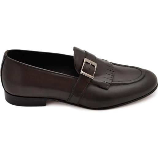 Malu Shoes mocassino derby uomo marron in vera pelle di nappa con fibbia e frange linea dandy vintage suola in vero cuoio contrasto