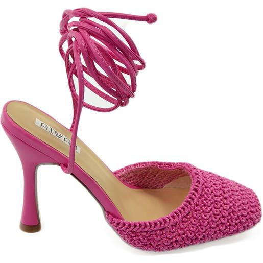Malu Shoes decollete tacco donna fantasia uncinetto fucsia punta quadrata tallone scoperto allacciatura schiava caviglia lacci