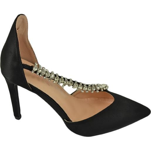 Malu Shoes scarpe decollete donna elegante punta in raso nero tacco 10 cerimonia con fermaglio di strass moda cerimonia evento