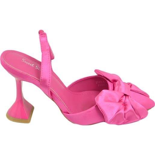 Malu Shoes scarpe decollete mules donna elegante punta in raso fucsia tacco martini 9 cerimonia con fiocco tono su tono comodo moda