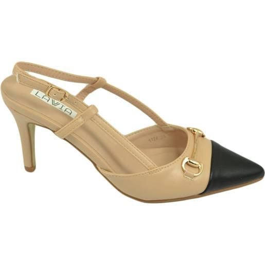 Malu Shoes scarpe decollete donna elegante in ecopelle beige punta nera tacco 10 cerimonia allacciatura alla caviglia open toe