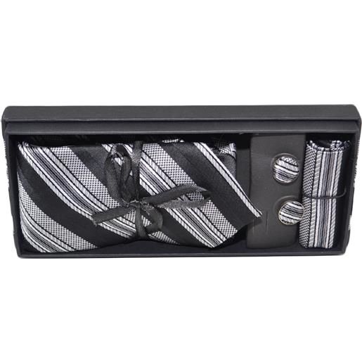 Malu Shoes set cravatta uomo elegante in raso grigio striata con gemelli e pochette per cerimonie eventi