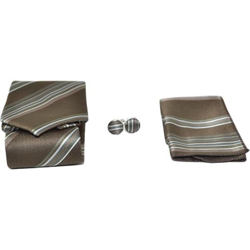 Malu Shoes set cravatta uomo elegante in raso marrone striata con gemelli e pochette per cerimonie eventi