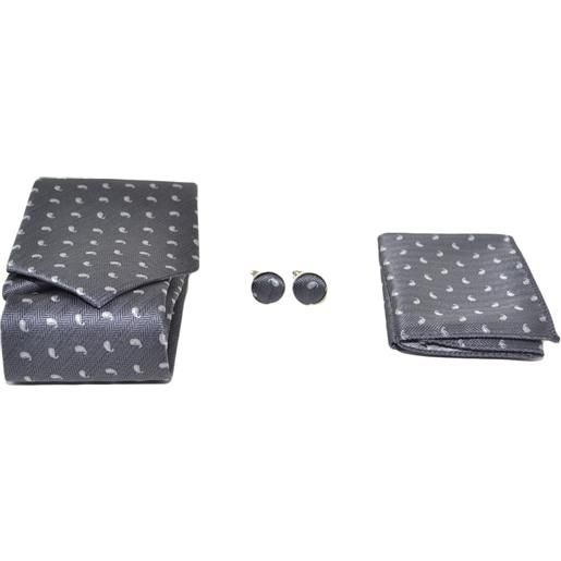 Malu Shoes set cravatta uomo elegante in raso grigio con ricamo a "virgola" con gemelli e pochette per cerimonie eventi