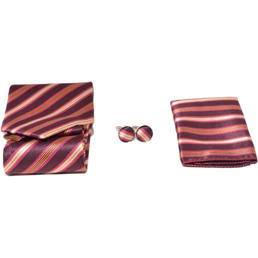 Malu Shoes set cravatta uomo elegante in raso bordeaux striata con gemelli e pochette per cerimonie eventi