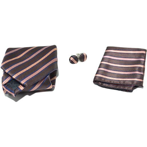 Malu Shoes set cravatta uomo elegante in raso marrone striata con gemelli e pochette per cerimonie eventi