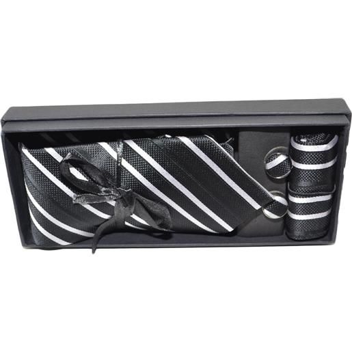 Malu Shoes set cravatta uomo elegante in raso nero striata con gemelli e pochette per cerimonie eventi