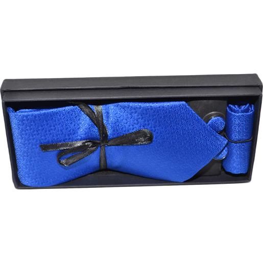 Malu Shoes set cravatta uomo elegante in raso blu con ricami tono su tono con gemelli e pochette per cerimonie eventi