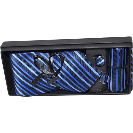 Malu Shoes set cravatta uomo elegante in raso blu striata con gemelli e pochette per cerimonie eventi
