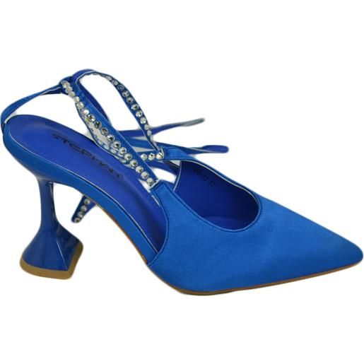Malu Shoes scarpe decollete mules donna elegante punta in raso blu tacco martini 9 cerimonia con allacciatura schiava con strass