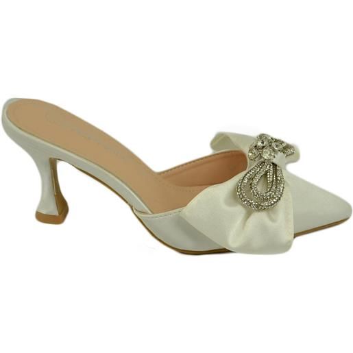 Malu Shoes decollete' donna bianco open toe tacco 6 cm elegnte fiocco in tessuto con fermaglio comodo moda giovane