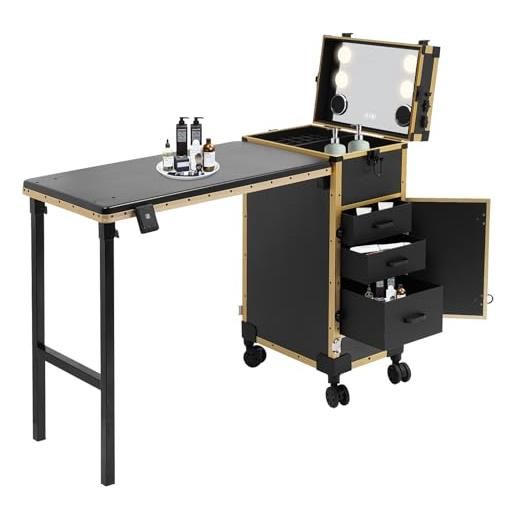 Fyssnn valigetta per trucchi con illuminazione a specchio e bluetooth e rotelle, 3 cassetti, grande moderna, portata 50 kg, per parrucchieri, beauty case, tavolo tatto, valigetta per unghie, nero/oro