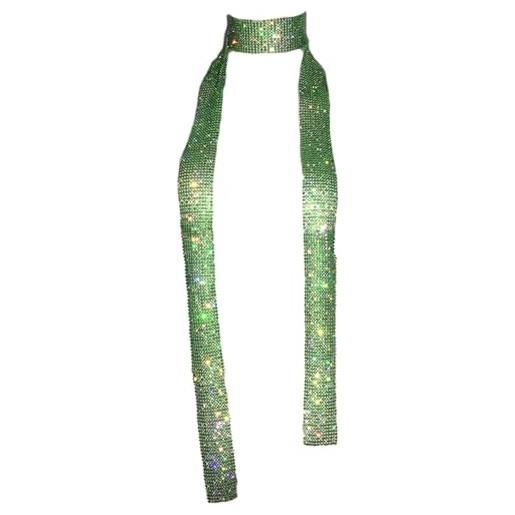 Wisafory sciarpa in metallo con paillettes da donna con glitter, sciarpa lunga per cravatte, sciarpe, catenine, sottile, per matrimoni, carnevale, accessori per feste, verde con strass, 160 cm