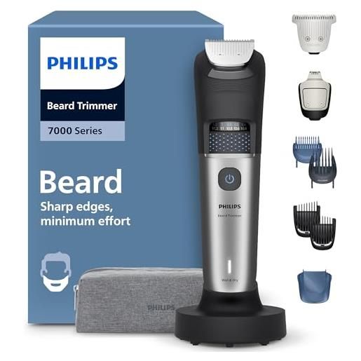 Philips regolabarba Philips serie 7000 - lame in metallo autoaffilanti, 40 impostazioni di lunghezza, tecnologia beard. Sense, raccoglitore per peli, 100% impermeabile, rifinitore ampio, modello bt7670/15