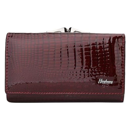 Karoukee portafoglio donna in vera pelle verniciata - borsellino piccolo con texture effetto coccodrillo - portamonete con 8 tasche carte + finestra id/foto + tasca a chiusura a bacio - rosso vino