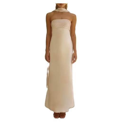 Meiweileya maxi abito da donna floreale con sciarpa, senza spalline, senza spalline, in rete, lungo, aderente, da cocktail formale, prendisole, beige seta, s