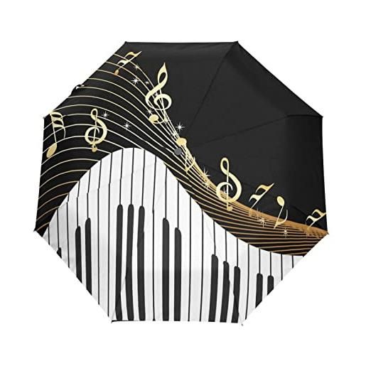 Quteprint ombrello pieghevole con tasti di pianoforte, note musicali, color oro, con apertura automatica, per pioggia, antivento, da viaggio, per esterni, compatto, leggero, protezione solare uv, ombrello