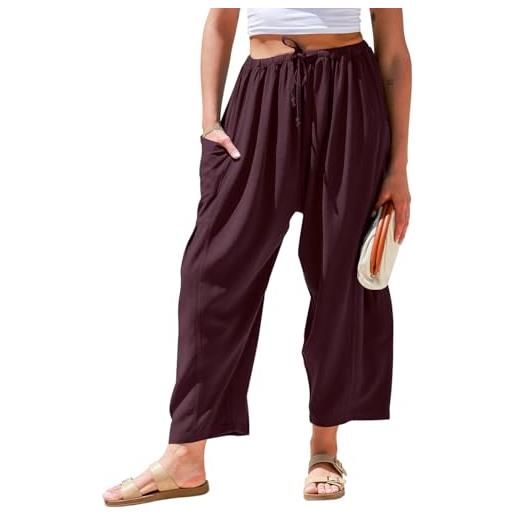 Tarse pantaloni da donna in lino a gamba larga, casual, con coulisse, estivi, spiaggia, viaggi, vacanze, palazzo, pantaloni harem con tasche, borgogna, xx-large