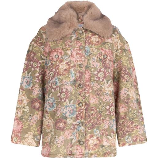 LIU JO giacca a fiori con collo in pelliccia sintetica - verde