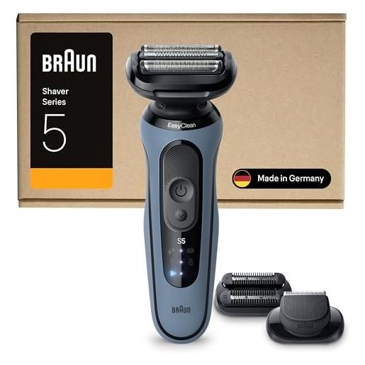 Braun serie 5 rasoio elettrico barba, wet&dry, regolabarba uomo, rasoio barba, 50 min di utilizzo, +2 accessori, senza fili, 100% impermeabile, regolabarba Braun, 52-a1820si, azzurro