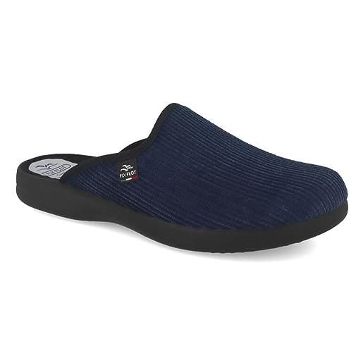Fly Flot | classic man, pantofole uomo a coste, ciabatta con tomaia in velluto, sottopiede in microfibra, blu, 41