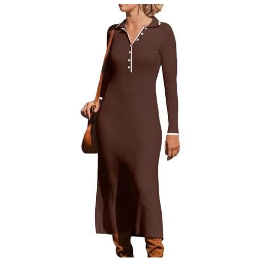 Generic abito lungo casual in maglia a maniche lunghe con bottoni, vestito lungo avvolgente con scollo a v da donna