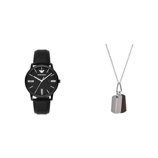Emporio Armani orologio da uomo in pelle nera e collana in acciaio inossidabile color argento, set