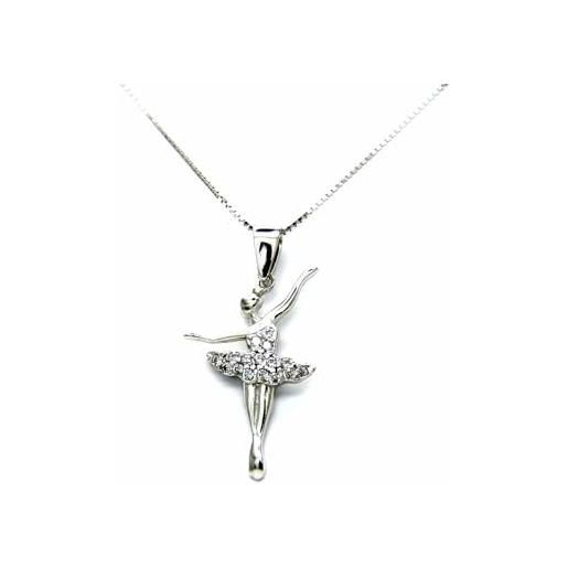 Collana Donna Oro Bianco 18kt Catenina Veneta Con Pendente Ballerina E Zirconi – Produzione Italiana