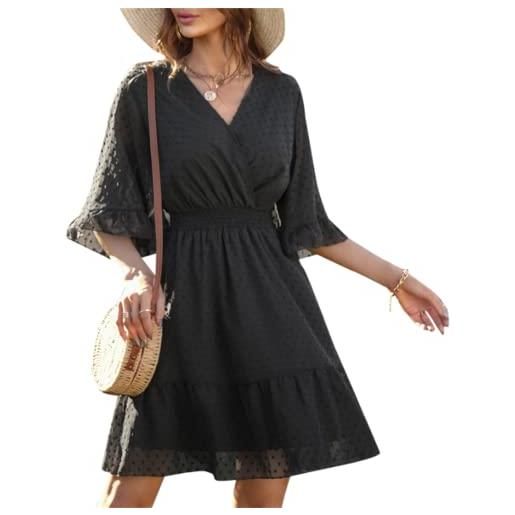 Andiwa mini abito da donna estivo a pois svizzeri a campana manica corta scollo a v in chiffon avvolgente elastico a vita alta casual swing a linea abiti, nero , l