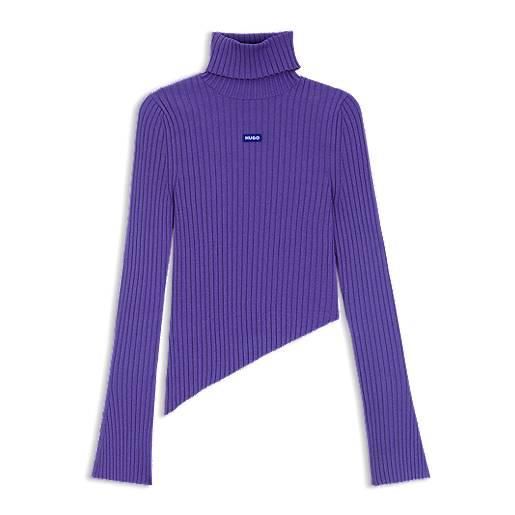 HUGO maglione in maglia a coste con targhetta con logo e orlo asimmetrico, lilla