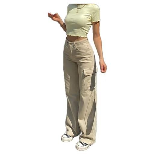 ticticlily pantaloni cargo jeans donna y2k vita alta gamba larga dritta pantalone denim con tasche vintage harajuku skateboard casuale pants streetwear a albicocca m