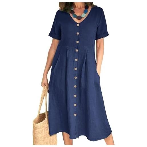 RegaliaKun abiti pasquali taglie forti per donna, abito estivo casual da donna con scollo a v e bottoni, abito in cotone e lino a maniche corte