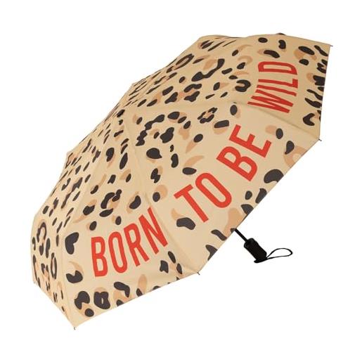 Fisura - ombrello pieghevole originale "born to be wild" con stampa leopardata. Ombrello automatico da donna. Dimensioni da viaggio. Resistente al vento. 96 cm di diametro aperto. 
