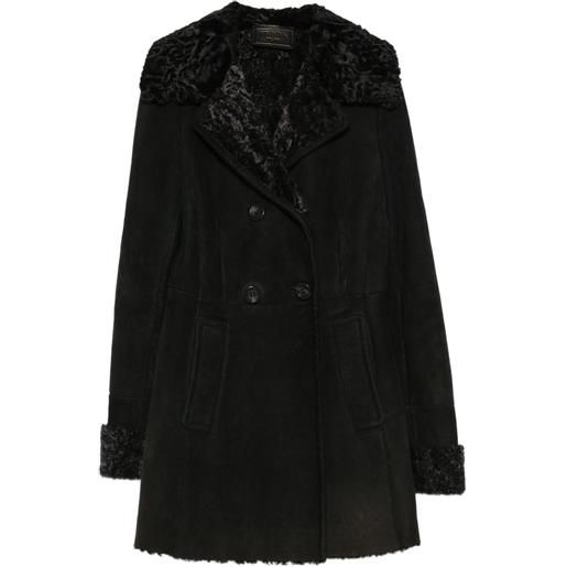 Prada Pre-Owned - cappotto doppiopetto anni 2000 - donna - pelle scamosciata di pecora/shearling/viscosa - 42 - nero