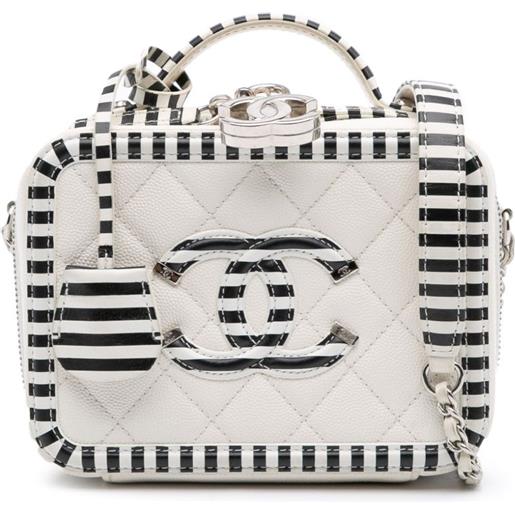 CHANEL Pre-Owned - trousse cc filigree piccola in pelle caviar con finiture a righe 2019 - donna - pelle caviar - taglia unica - bianco