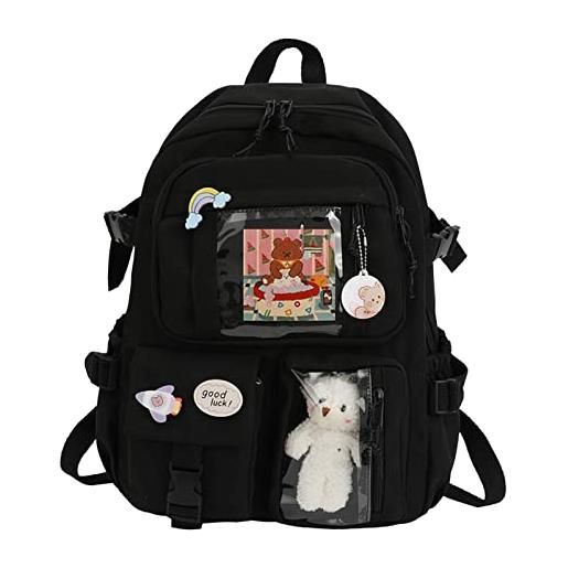 Qikam zaino con ciondolo a forma di orso e, grande capacità orso zaino per la scuola multi tasca borsa da scuola giapponese per ragazze adolescenti, nero, 