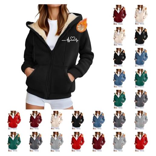 Generico felpa donna con zip in pile, giacca invernale da tasche e cappuccio, sweatshirt aperto a maniche lunghe, felpa nera comoda casual, felpe con cappuccio e felpe per donna